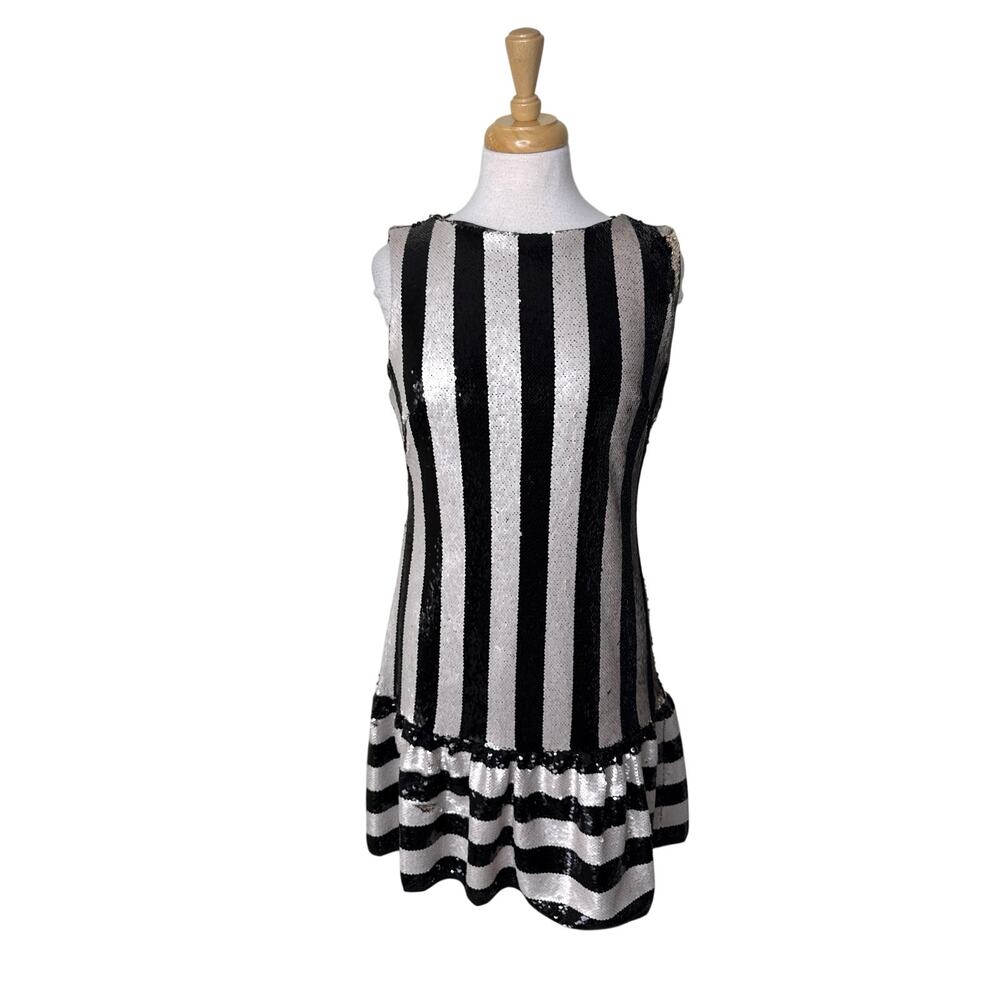 BETSEY JOHNSON Sequin Striped Sleeveless Mini Dress Black White Size 4 - Picture 2 of 9